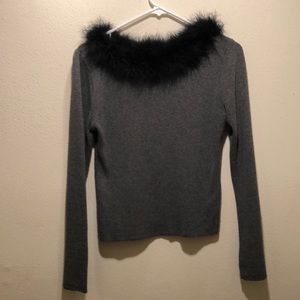 Mingle long sleeve gray shirt with fur neckline